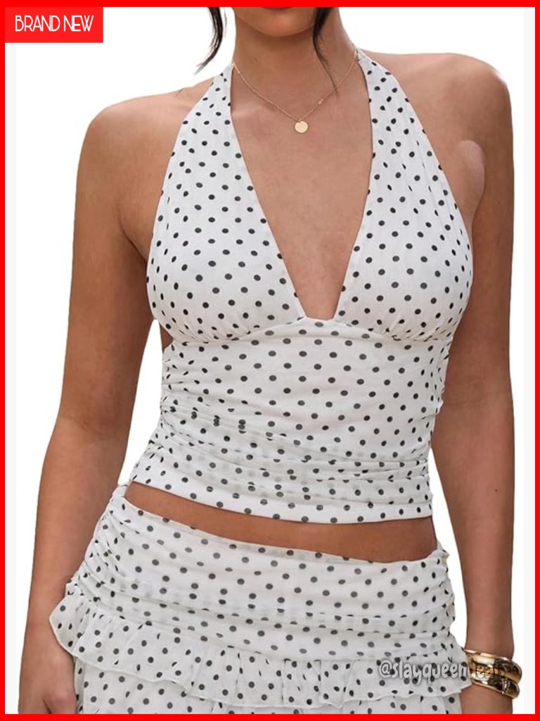 Y2k Polka Dot V Neck Mesh Halter Crop Top Sleeveless Tie Up Ruched Tank